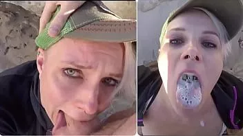 تشغيل نائب الرئيس ابتلاع العامة بعد الكرات deepthroat اللسان على الشاطئ
